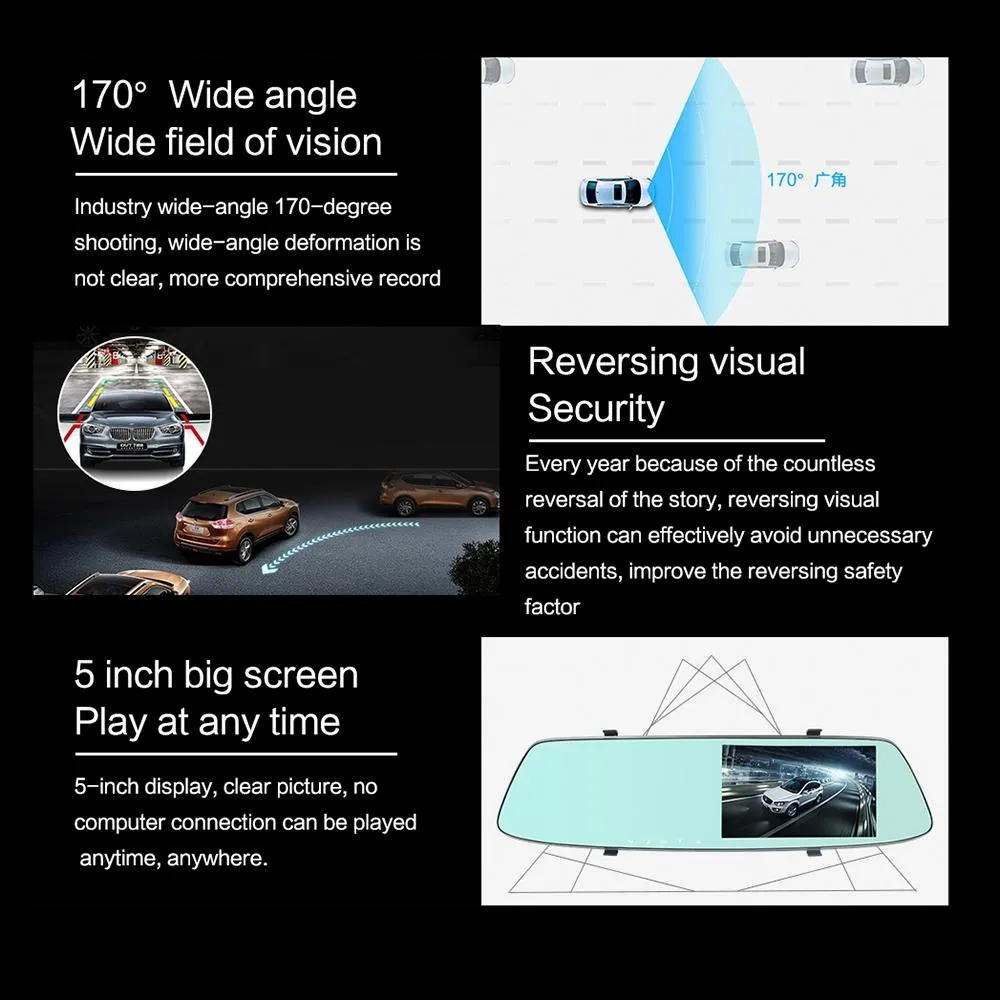 5" LCD Touch Screen Rear View Mirror Car Recorder with Separate Camera