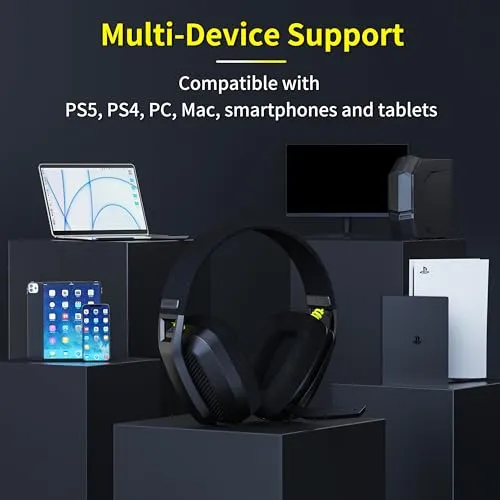 BINNUNE Wireless Gaming Headset with Mic for PS5, PS4, PC, Mac, PlayStation 4 5 Headphones, 2.4GHz Bluetooth Gaming Headset, Wireless Headsets with Flip Mic for Laptop Computer, Black