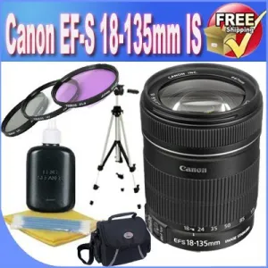 Canon EF-S 18-135mm f/3.5-5.6 IS Standard Zoom Lens for Canon Digital SLR Cameras   67mm 3 Piece Professional Filter Kit   Professional Full Size Tripod   Shock Proof Deluxe SLR Case   Lens & Camera C