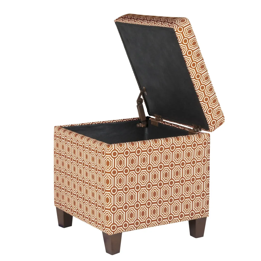Geometric Patterned Square Wooden Ottoman with Lift Off Lid Storage, Orange and Cream - K7380-F1447 By Casagear Home
