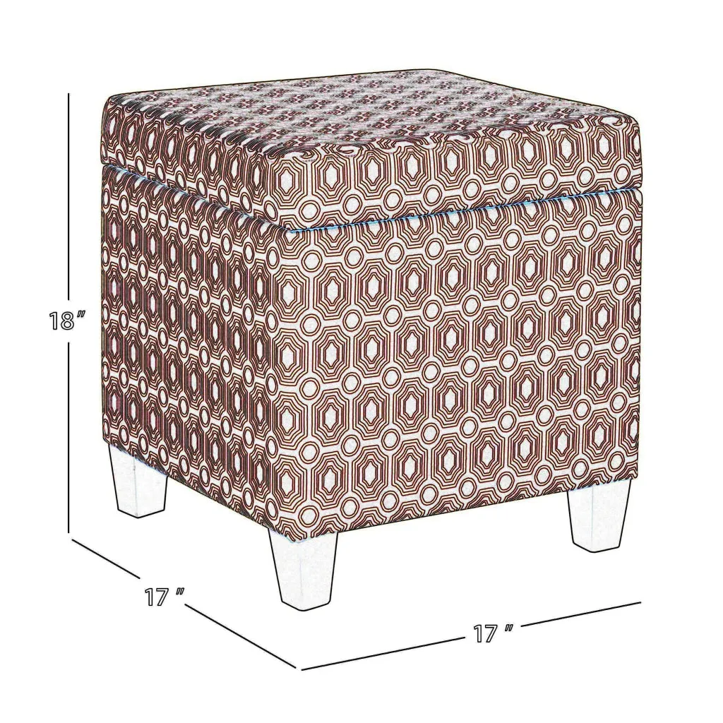 Geometric Patterned Square Wooden Ottoman with Lift Off Lid Storage, Orange and Cream - K7380-F1447 By Casagear Home
