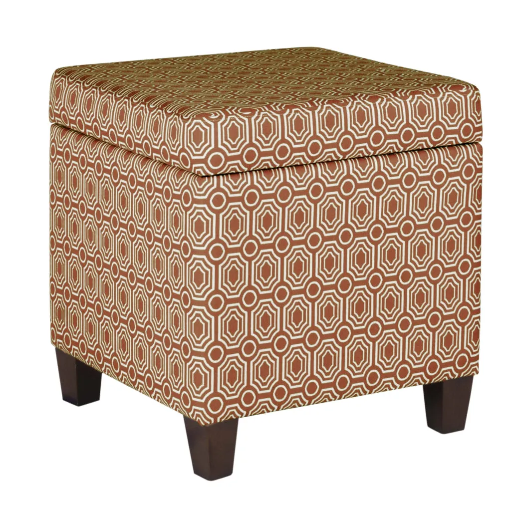 Geometric Patterned Square Wooden Ottoman with Lift Off Lid Storage, Orange and Cream - K7380-F1447 By Casagear Home