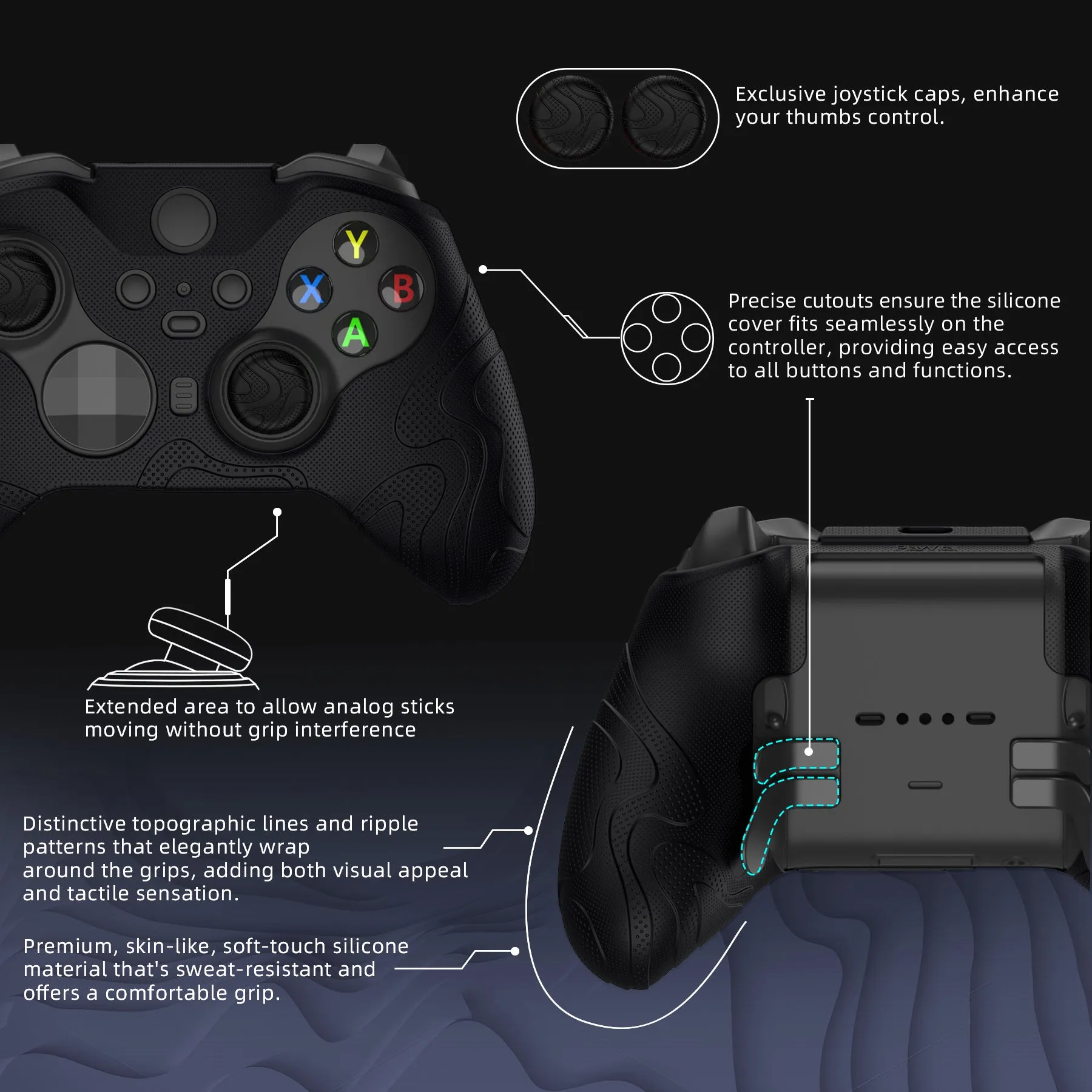 PlayVital Mountain Range Edition Silicone Cover with Thumb Grips for Xbox Elite Series 2 Controller & Xbox Elite Series 2 Core Controller - Black - DVGE2P001