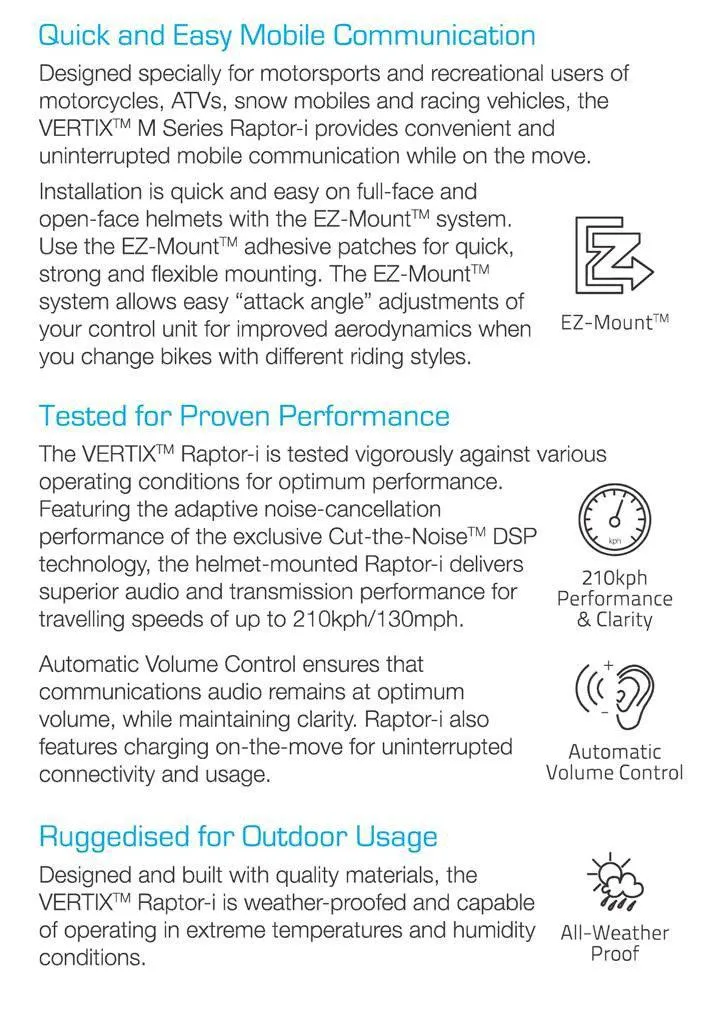 RAPTOR-i - Motorcycle Intercom for Communication (Full Face Helmet)