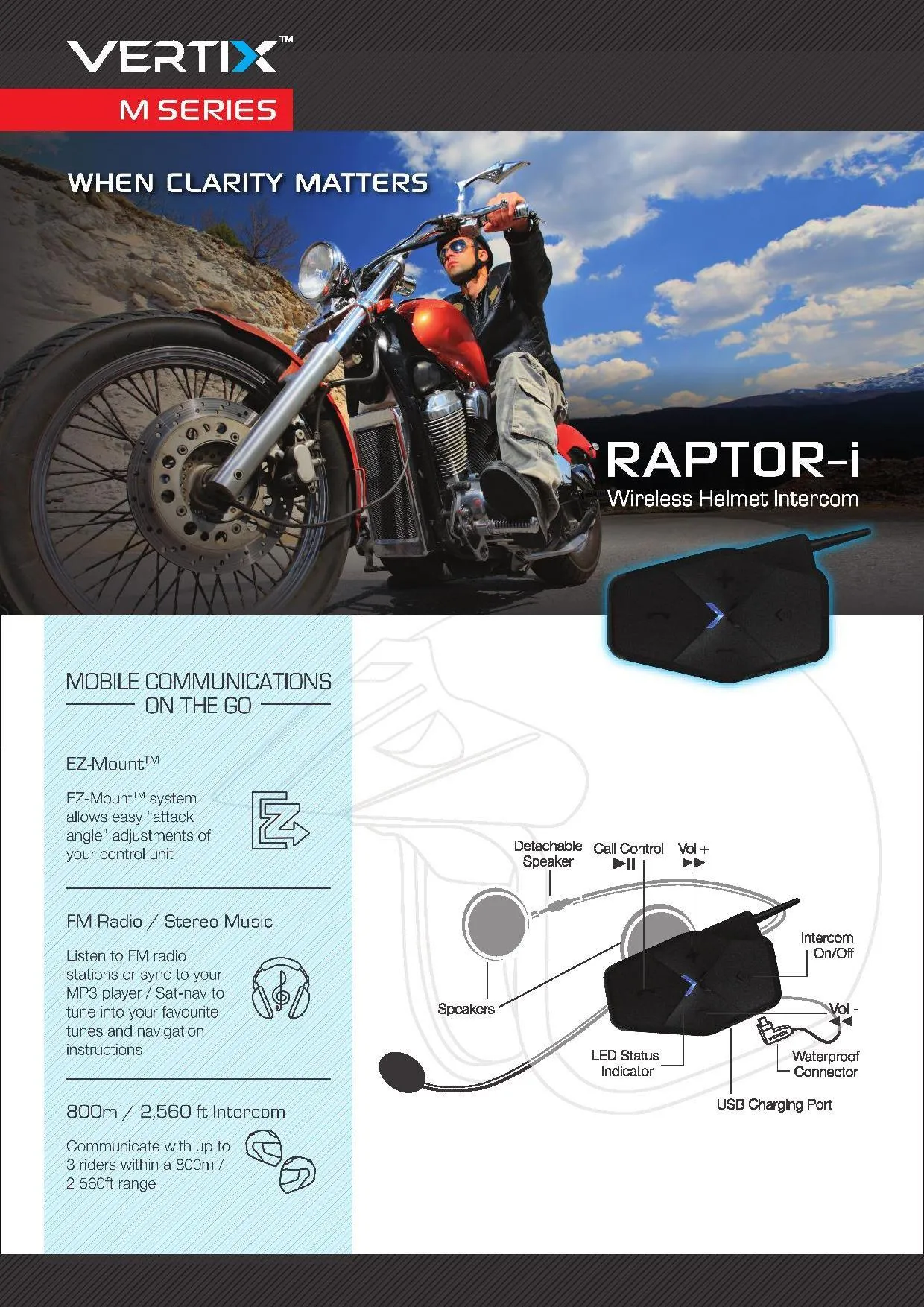 RAPTOR-i - Motorcycle Intercom for Communication (Open Face Helmet)